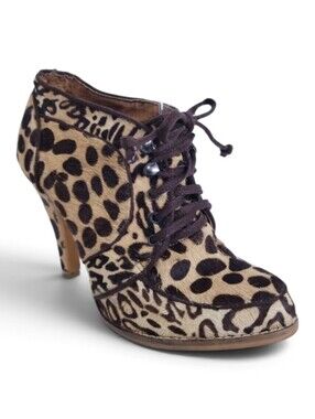 Deena & Ozzy Ankle Booties 7 Calf Hair Leopard Lace Up High Heel Indie Brown Tan